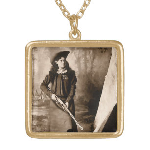 Miss Annie Oakley with Gun, Vintage Photo Portrait Gold Plated Necklace
