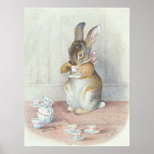 Miss Bunny Drinking Tea Nursery Wall Poster