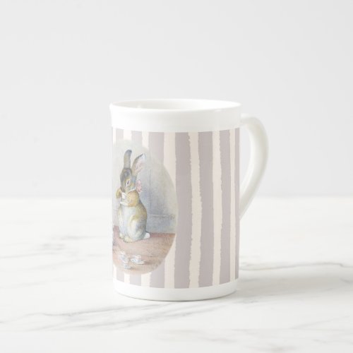 Miss Bunny Drinking Tea on Stripes Bone China Mug