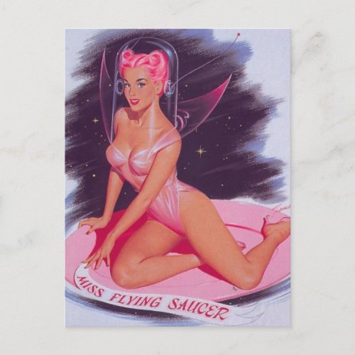 Miss flying saucer  Vintage pin up girl postcard
