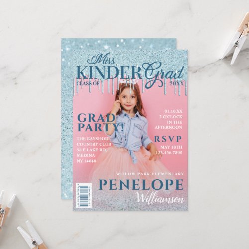 Miss Kinder Grad Blue Glitter Drip Magazine Cover Invitation