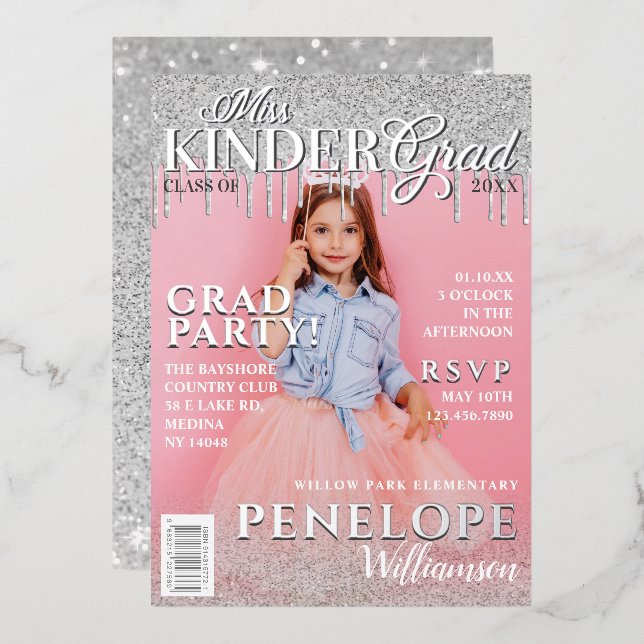 Miss Kinder Grad Glitter Drip Photo Magazine Cover Foil Invitation (Front/Back)