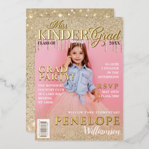 Miss Kinder Grad Gold Glitter Drip Magazine Cover Foil Invitation