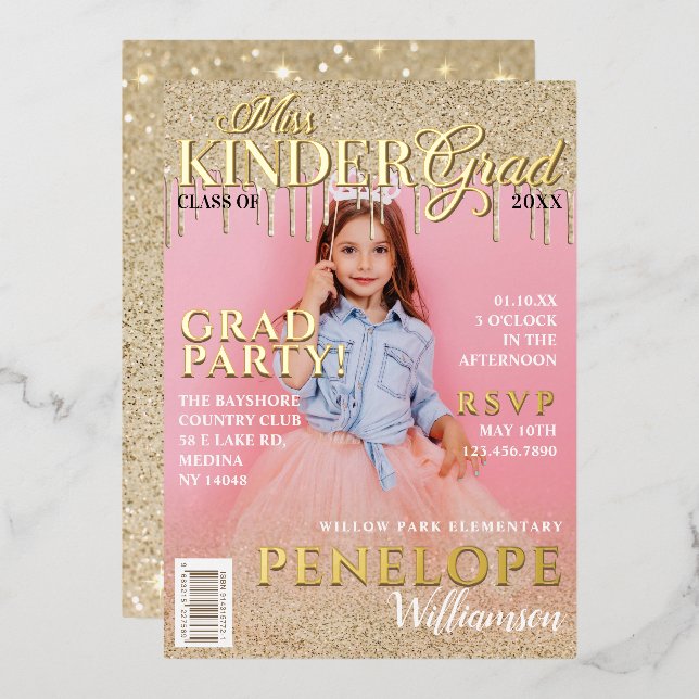 Miss Kinder Grad Gold Glitter Drip Magazine Cover Foil Invitation (Front/Back)