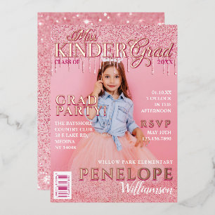 Miss Kinder Grad Pink Glitter Drip Magazine Cover Foil Invitation