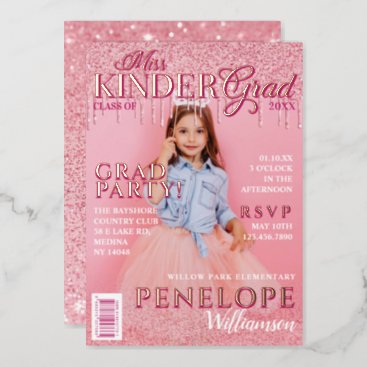 Miss Kinder Grad Pink Glitter Drip Magazine Cover  Foil Invitation