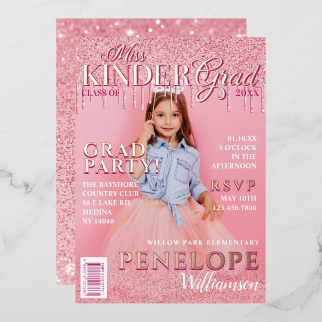 Miss Kinder Grad Pink Glitter Drip Magazine Cover  Foil Invitation (Front/Back)