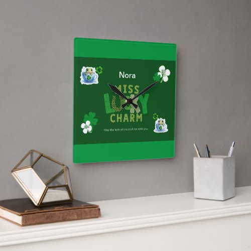 Miss Lucky Charm St Patricks Day Square Wall Clock
