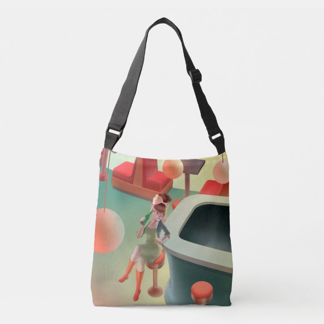 Miss Meow: Retro Late Night Bar & Cocktail Art Crossbody Bag (Front)