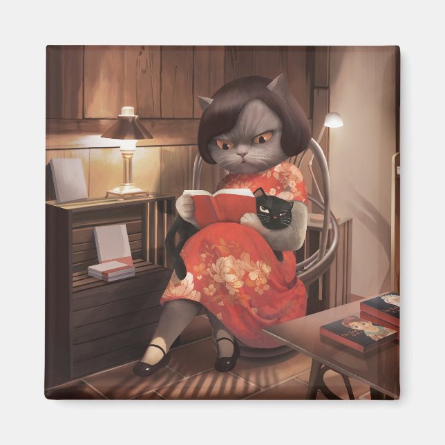 Miss Meow: Vintage Bookworm & Cozy Reading Magnet (Front)