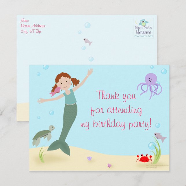 Miss Mermaid Party Thank You Postcard (Front/Back)