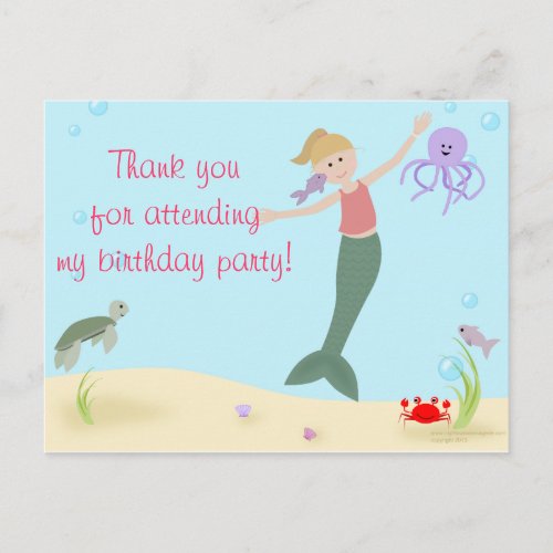 Miss Mermaid Party Thank You Postcard