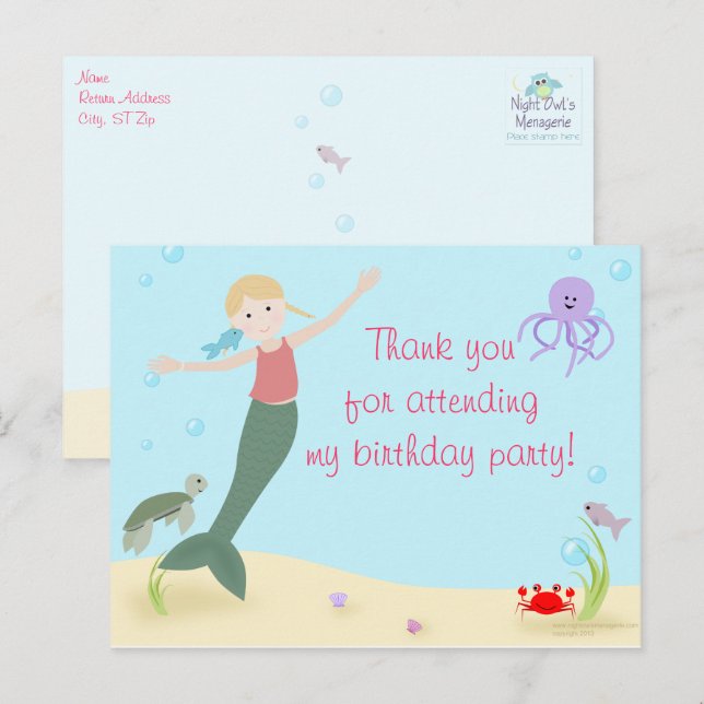 Miss Mermaid Party Thank You Postcard (Front/Back)