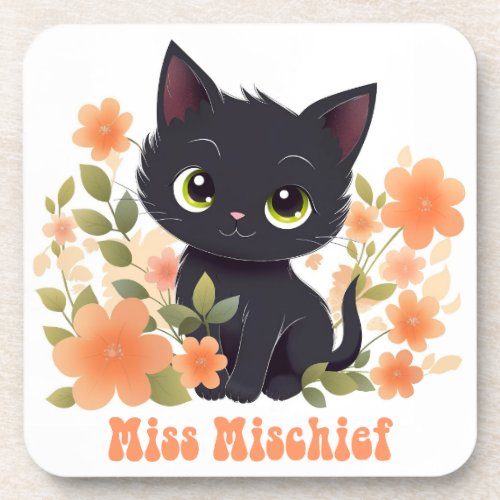 Miss Mischief Black Kitten Kawaii Chibi Beverage Coaster