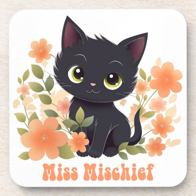 Miss Mischief Black Kitten Kawaii Chibi Beverage Coaster (Front)