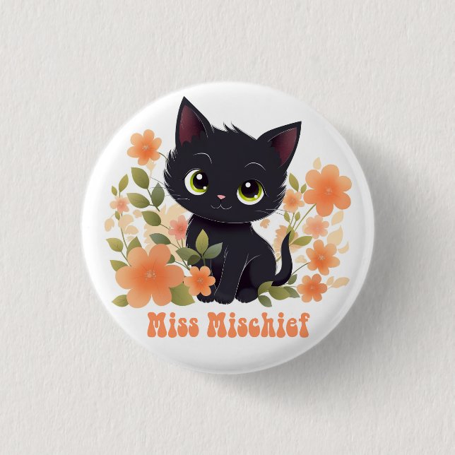 Miss Mischief Black Kitten Kawaii Chibi Button (Front)