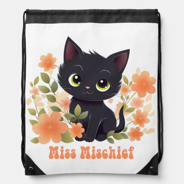Miss Mischief Black Kitty Kawaii Chibi Drawstring Bag (Front)