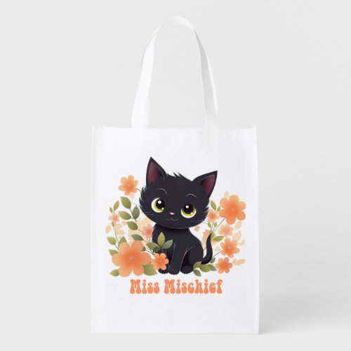 Miss Mischief Black Kitty Kawaii Chibi Grocery Bag