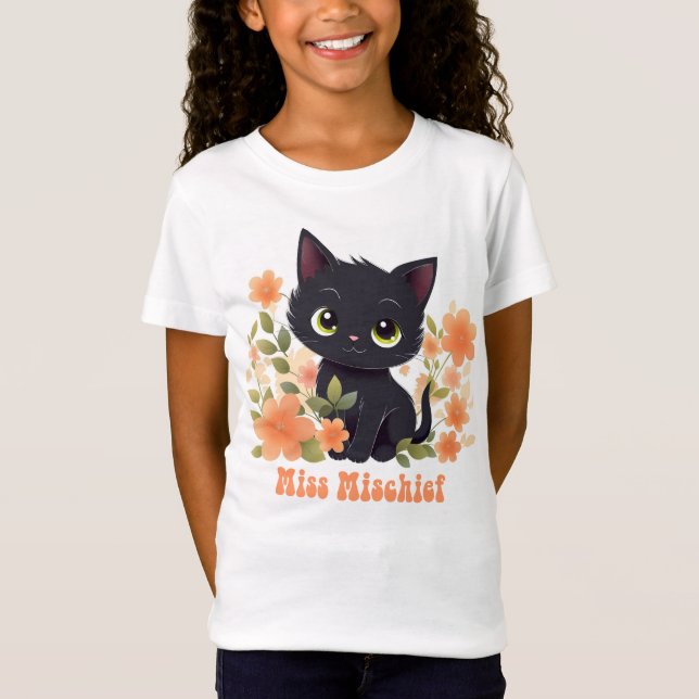 Miss Mischief Black Kitty Kawaii Chibi T-Shirt (Front)