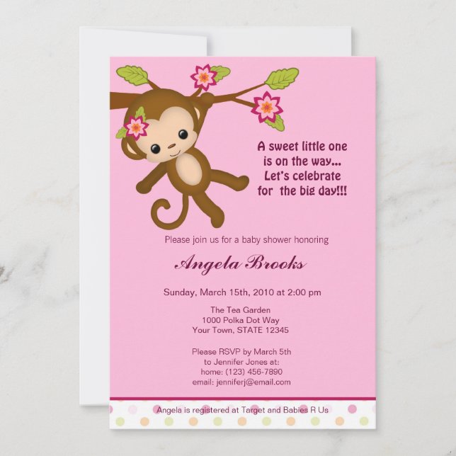 Miss Monkey Baby Shower Invitations Girl (Front)