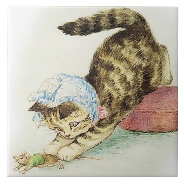 “Miss Moppet Chases a Mouse” by Beatrix Potter Ceramic Tile (Front)