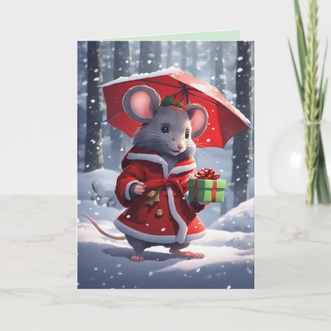 Miss Mousie Under the Umbrella  Holiday Card (Front)