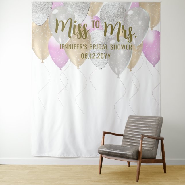 Miss Mrs Balloon Arch Fuchsia Gold Bridal Backdrop (In Situ)