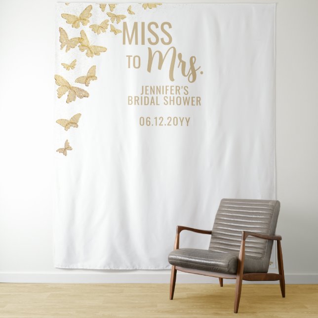 Miss Mrs Gold Butterfly Chic White Bridal Backdrop (In Situ)