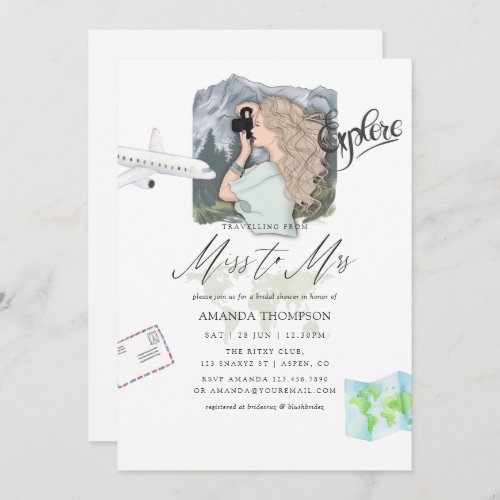 Miss _ Mrs Mountain Adventure Travel Bridal Shower Invitation