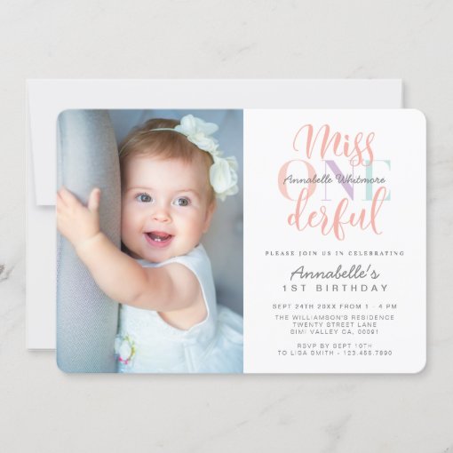 Miss One derful Baby Girl's 1st Birthday Photo Invitation | Zazzle