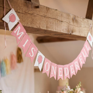 Miss Onederful 1st Birthday Balloon Kids Pink Bunting Flags
