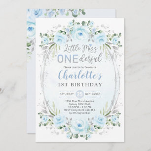 Miss ONEderful Baby Blue Gold Floral 1st Birthday Invitation