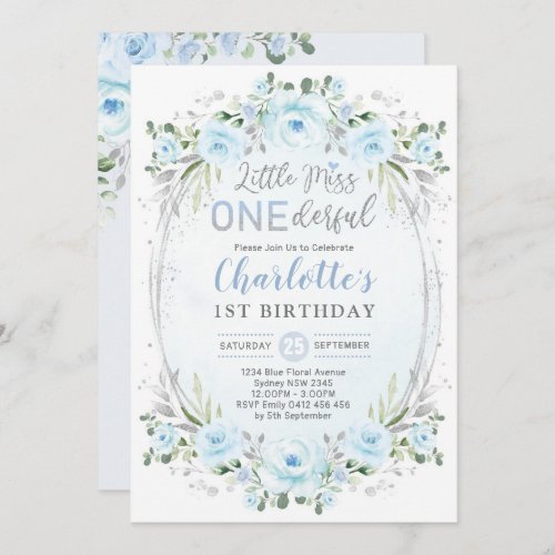 Miss ONEderful Baby Blue Gold Floral 1st Birthday Invitation