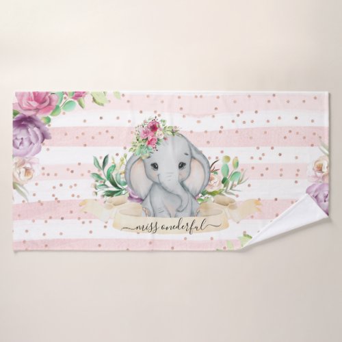 Miss Onederful _ Baby Elephant and Flowers Bath Towel