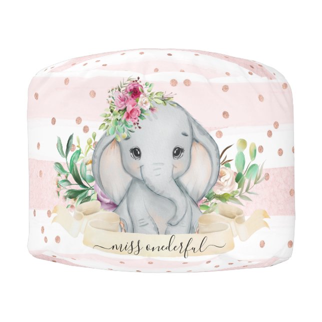 Miss Onederful - Baby Elephant and Flowers Pouf (Front)