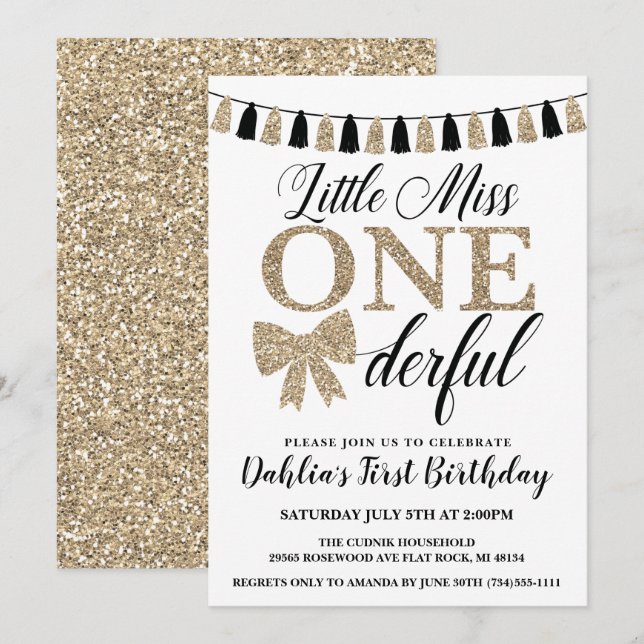 Miss Onederful Birthday Invite, Black and Gold Invitation (Front/Back)