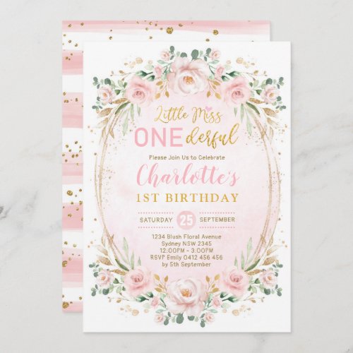 Miss ONEderful Blush Pink Gold Floral 1st Birthday Invitation