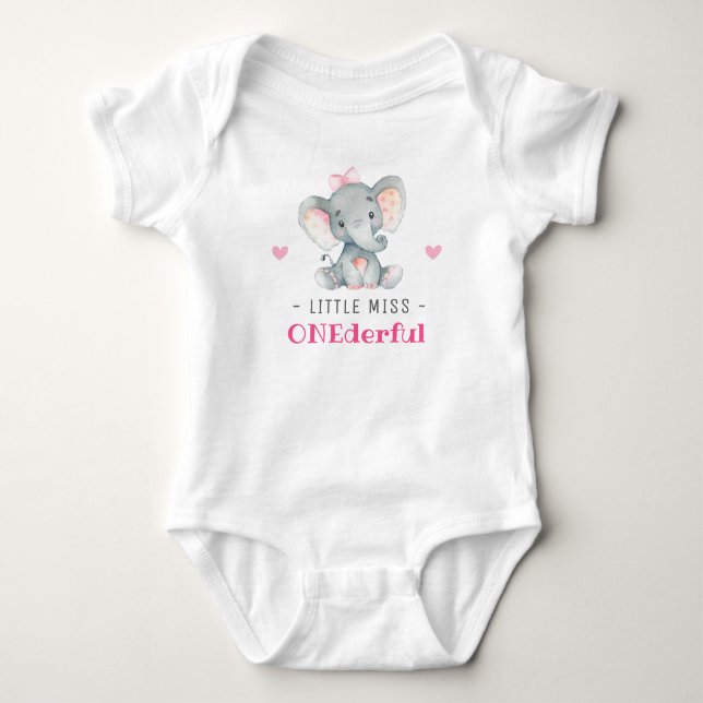 Miss Onederful First 1st Birthday Girl Elephant Baby Bodysuit (Front)