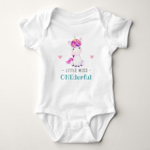 Miss Onederful First 1st Birthday Girl Unicorn Baby Bodysuit