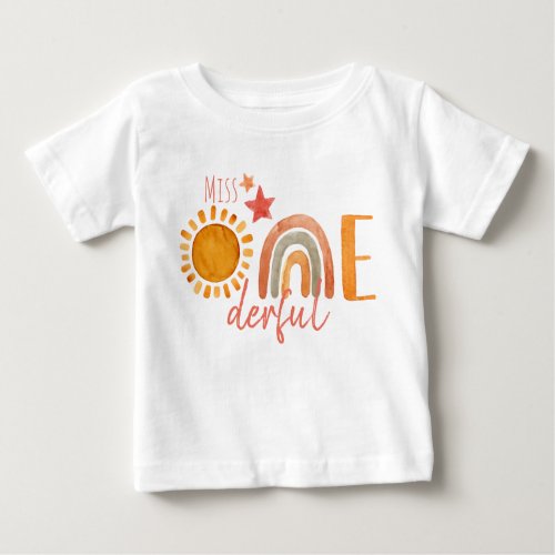 Miss Onederful First Birthday Rainbow and Sun Baby T_Shirt