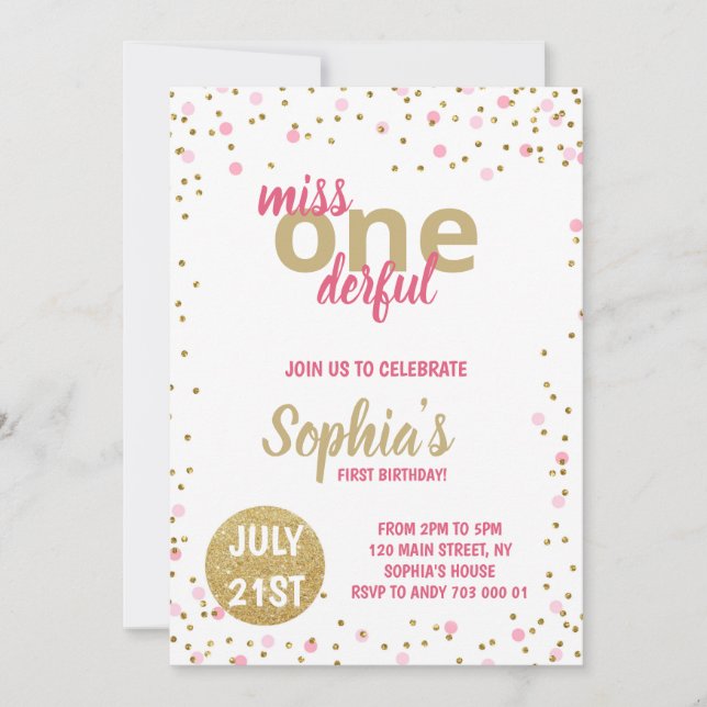 Miss Onederful Girl First Birthday Pink Confetti Invitation (Front)