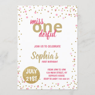Miss Onederful Girl First Birthday Pink Confetti Invitation