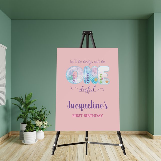 Miss Onederful Girls 1st Birthday Party Welcome Foam Board (ONEderful under the sea themed 1st birthday welcome sign in pink.)