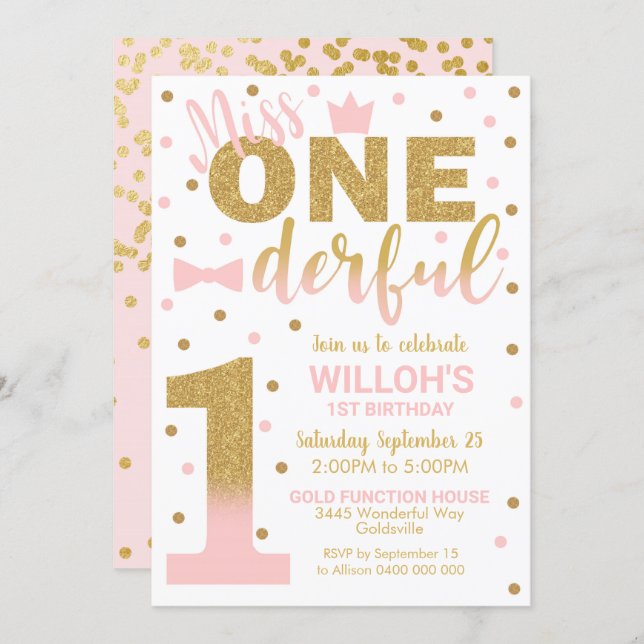 Miss Onederful Invitation 1st Birthday Girl (Front/Back)