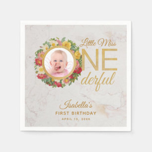 Miss Onederful Photo Floral Wreath First Birthday Napkins