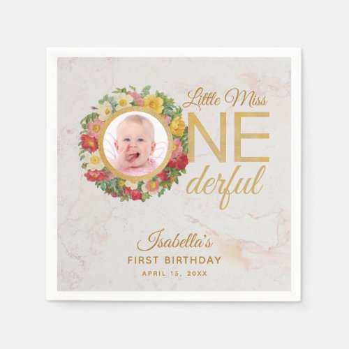 Miss Onederful Photo Floral Wreath First Birthday Napkins