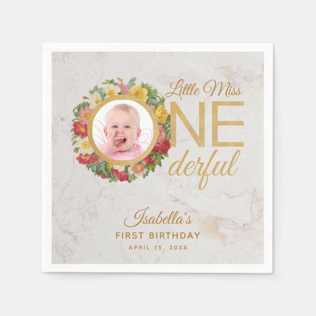 Miss Onederful Photo Floral Wreath First Birthday Napkins (Front)