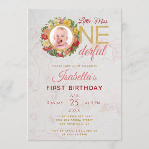 Miss Onederful Photo in Rose Wreath First Birthday Invitation