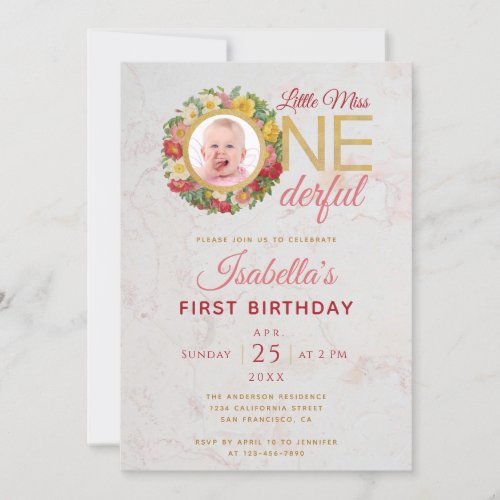 Miss Onederful Photo in Rose Wreath First Birthday Invitation