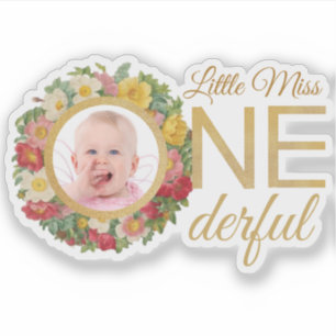 Miss Onederful Photo in Rose Wreath First Birthday Sticker